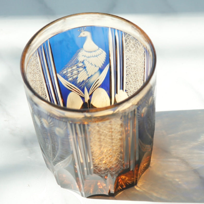 JP-112 8.5oz Edo Kiriko Style Blue and Amber Cocktail Glass Tumbler Colored Crystal Glass Whiskey Tumblers