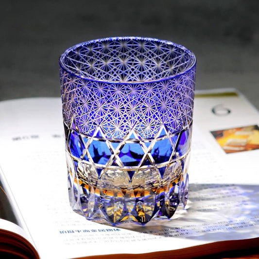 JP-107-S 240ml Luxury Edo Kiriko's Old Fashioned Glass Cocktail Cup Clear Blue and Amber Cased Crystal Glass Whiskey Tumblers Hand Cutting Garlands of hexagons And Chrysanthemum Mesh
