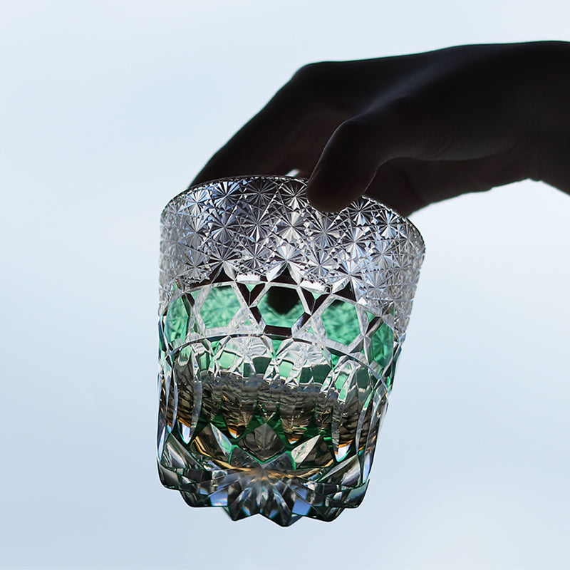 JP-107 32 cl Japanese Style Green Colored Whiskey Glass Tumbler Edo Kiriko's Garlands of hexagons And Chrysanthemum Mesh
