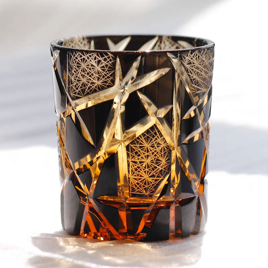Hand Cut Lightning Whiskey Glass Tumbler Amber Black 9oz