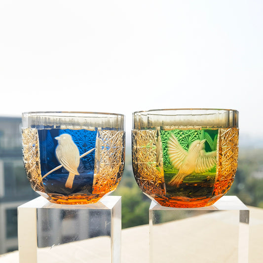 QJ-02 60 ML Blue Premium Peace Dove Shot Glass Green and Amber Colored Cold Sake Glass Cup,Chilled Sake Glass ,Small Drinking Vessel With Hand Cut Kiriko Chrysanthemum Design