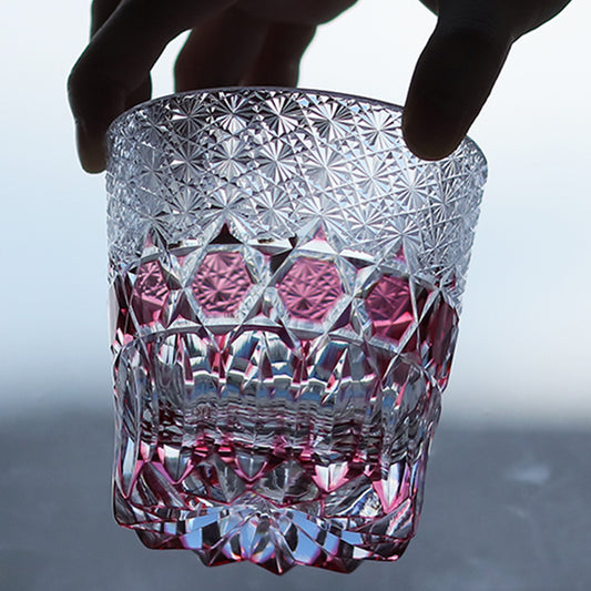 JP-107 11 oz Japanese Style Edo Kiriko Handcrafted Gold Pink Fluorite Whisky Glass With Gift Box