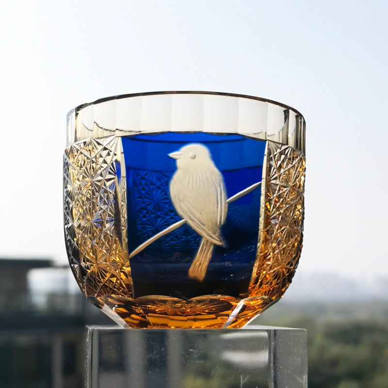QJ-02 60 ML Blue Premium Peace Dove Shot Glass Green and Amber Colored Cold Sake Glass Cup,Chilled Sake Glass ,Small Drinking Vessel With Hand Cut Kiriko Chrysanthemum Design