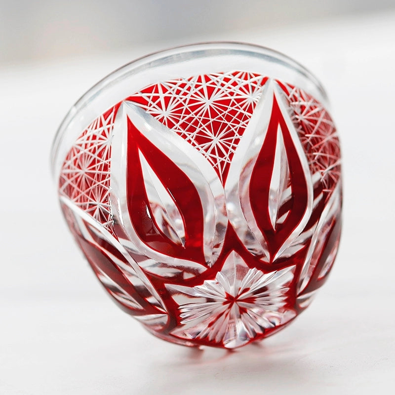JP-020 45 ML Hand Cut To Clear Colored Glass Shot Glass Sake Cup With Engraved candela phoenix tail feathers pattern