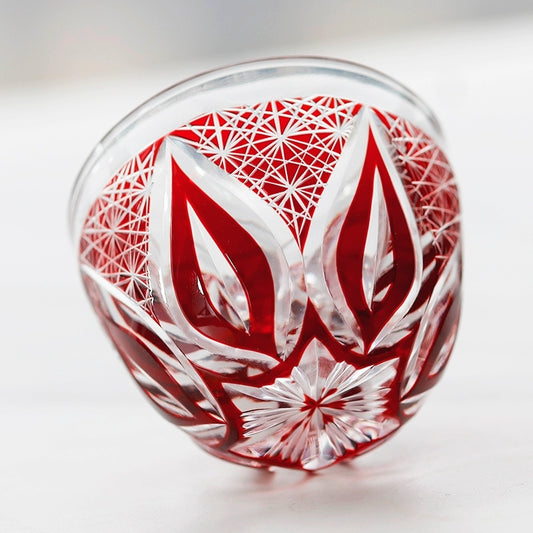 Primary image of JP-020 45 ML Hand Cut To Clear Colored Glass Shot Glass Sake Cup With Engraved candela phoenix tail feathers pattern - hand-cut crystal glassware