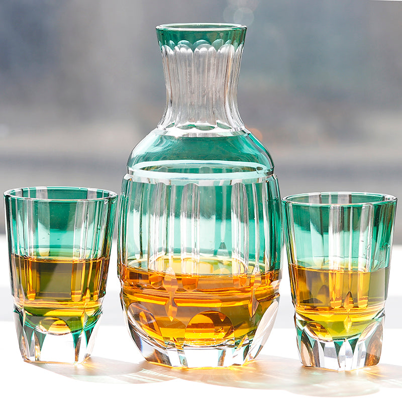 JP-058-2 Japanese Style Green Cased Glass Sake Glass Set Edo Kiriko‘s Bamboo Stem Design Sake Carafe And Sake Glass Cup