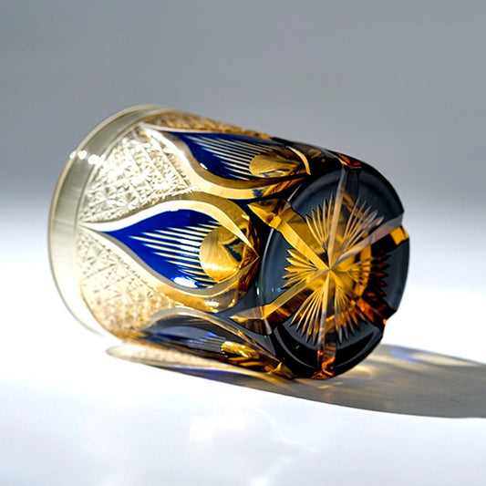 JP-020 8.5 oz Blue and Amber Tinted Glass Whiskey Tumbler With Hand Engraved candle flame Design