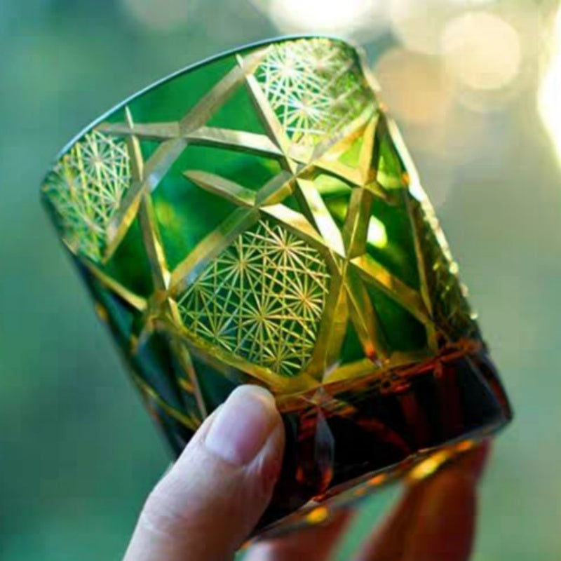 JP-042 8.5 oz Edo Kiriko Style Green Amber Glass Cocktail Whiskey Tumbler Hand Cut Lightning Streaks Pattern