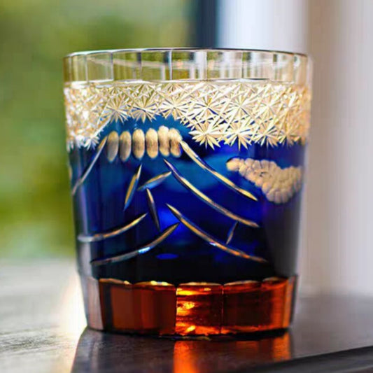 JP-037 Handcrafts Hand Cut And Blue Amber Colored Whiskey Glass Old Fashioned Tumblers Edo Kiriko‘s’Fuji Mountain Design
