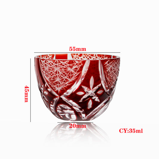 QJ-10 35 ML 1.2 OZ Mouth Blown Color Tinted Glass Shot Glass Sake Cup With Hand Cut Stars and Chrysanthemum Pattern