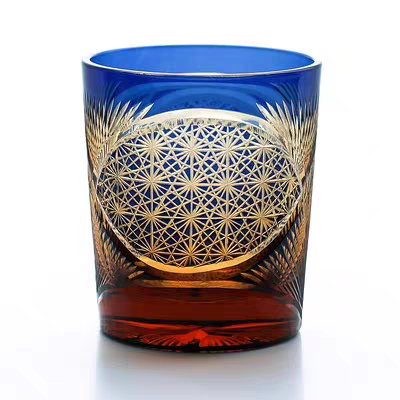 JP-030 250 ml Blue and Amber Tinted Glass Whiskey Cup With Hand Cut Classic Chrysanthemum And Fans 2 different Design