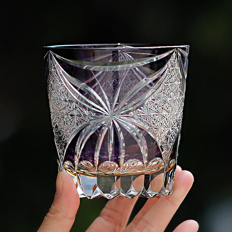 JP-132-1 Large 11 oz Janpanese Style Purple Old Fashioned Glass Whiskey Tumbler Edo Kiriko's Butterfly Chrysanthemum Mesh