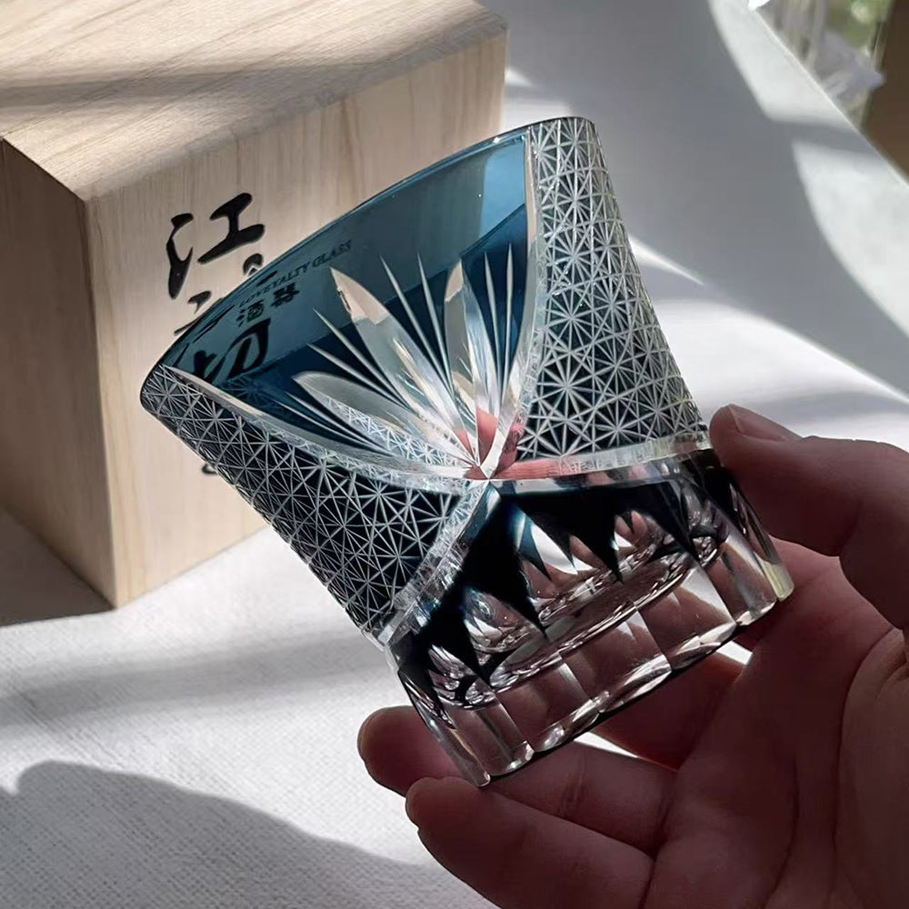 Japanese Style Edo Kiriko Whiskey Glass Ink Blue 8oz