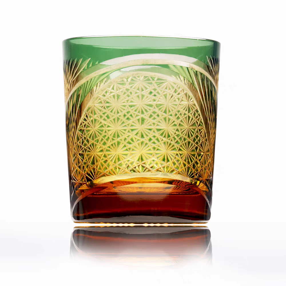 JP-030 250 ml Green and Amber Tinted Glass Whiskey Cup With Hand Cut Classic Chrysanthemum And Fans 2 different Design