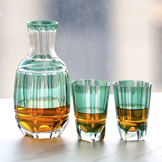 JP-058-2 Japanese Style Green Cased Glass Sake Glass Set Edo Kiriko‘s Bamboo Stem Design Sake Carafe And Sake Glass Cup
