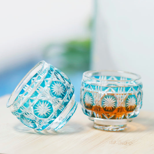 QJ-01 New Sky Blue Colored Cold Sake Glass Cup With Hand Cut Octagonal Garland Chrysanthemum Design Chilled Sake Glass 65ml