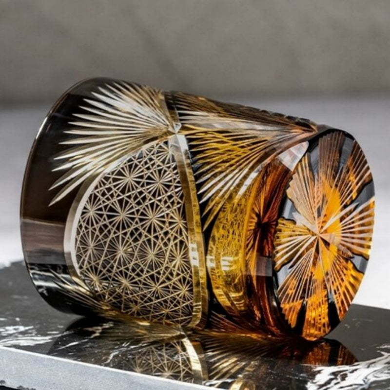 JP-030 250 ml Black and Amber Tinted Glass Whiskey Cup With Hand Cut Classic Chrysanthemum And Fans 2 different Design