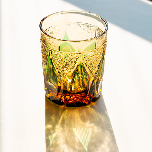 Candle Flame Hand Cut Green Whiskey Glass 9oz