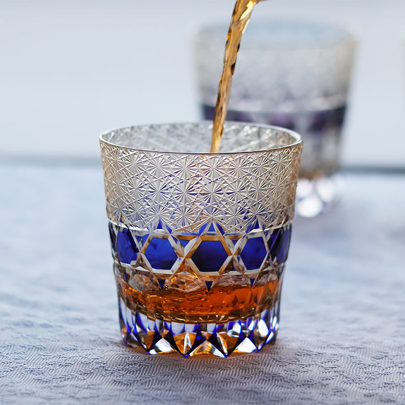 JP-107 32 cl Handmade Blue Colored Crystal Glass Whiskey Tumbler Edo Kiriko's Hand Cutting Garlands of hexagons And Chrysanthemum Mesh Edo Kiriko Old Fashioned Glass
