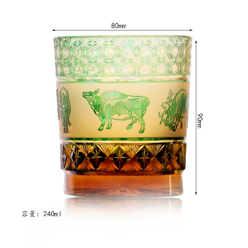 JP-023 240ml Handcrafts Green Whiskey Glass With Edo Kiriko Chinese Painting Five Cows