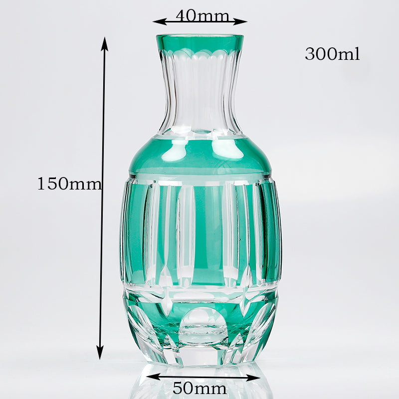 JP-058-2 Japanese Style Green Cased Glass Sake Glass Set Edo Kiriko‘s Bamboo Stem Design Sake Carafe And Sake Glass Cup