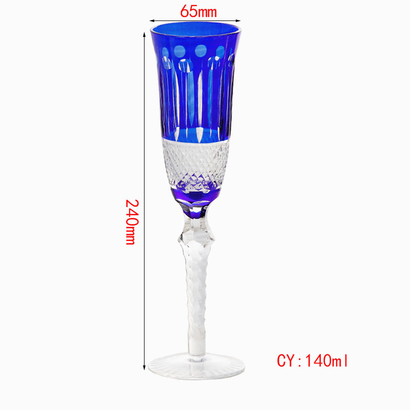 JP-098 Luxury Hand Cut Lotus Design and Dark Blue Color Cased Crystal Glass Champagne Flutes 5 oz
