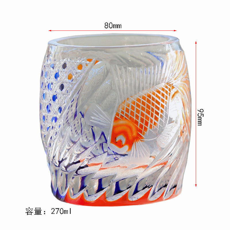 JP-075 Hand Carved Gold Fishing Rocks Cocktail Whiskey Glasses Japanese Edo Kiriko Style Whiskey Glass Tumblers Blue Red