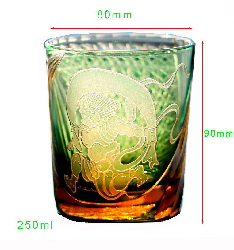JP-157 250 ml Japanese Style Edo Kiriko Handcrafted Fujin Whisky Glass Tumbler Green Amber In Gift Box