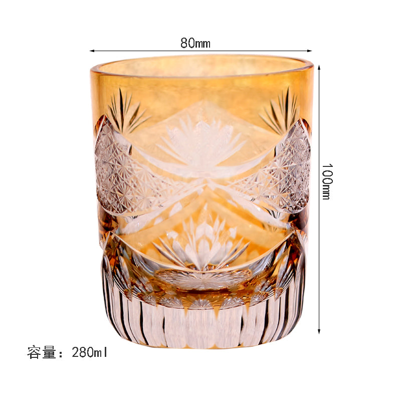 JP-007 Handcrafts Edo Kiriko Orange Whiskey Glass Cutting Crown Jewel Design 280 ml