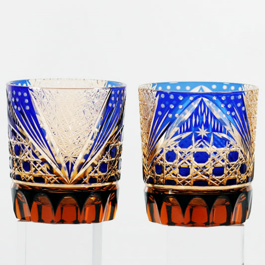 JP-025 Handcrafts Edo Kiriko‘s Amber Blue Tinted Glass Whiskey Tumbler Hand Cuts Octagonal Basket Weave and Chrysanthemum Pattern