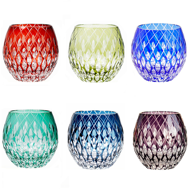 JP-061 330 ml Hand Engraved Round Curved Shape Bohemian Crystal Cocktails Tumbler Dark Blue Colored Crystal Glass Whisky Tumbler cutting Raindrop design