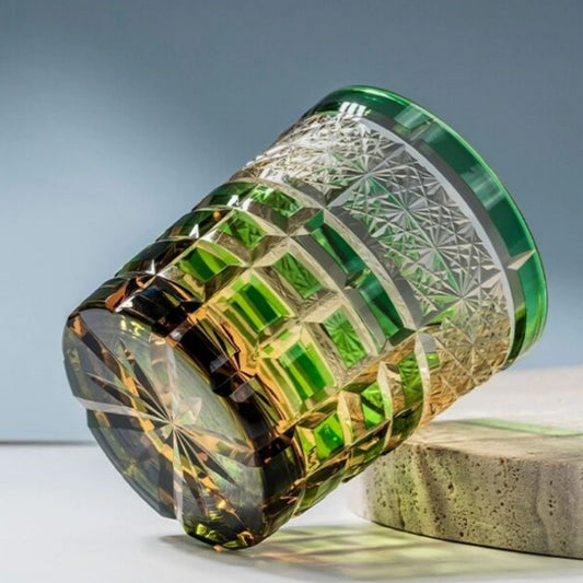 JP-021 Handcrafts Edo Kiriko's Green Whiskey Glass Tumbler 8.5 oz And Japanese Style Sake Glass Cup 2 oz Engraved Checked Chrysanthemum Pattern