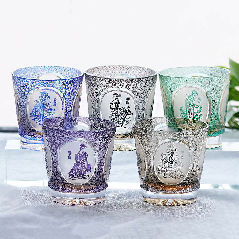 JP-143 320ml Green Amber Cocktail Old Fashioned Glass Tumbler With Hand Carved Four Great Beauties Of Ancient China Pattern