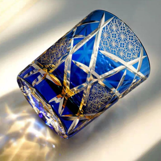 JP-042 Handcrafts Hand Cut To Amber Blue Cased Crystal Glass Whiskey Tumbler Edo Kiriko's Lightning Streaks Pattern