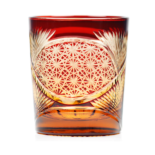 JP-030 250 ml Ruby Red and Amber Tinted Glass Whiskey Cup With Hand Cut Classic Chrysanthemum And Fans 2 different Design