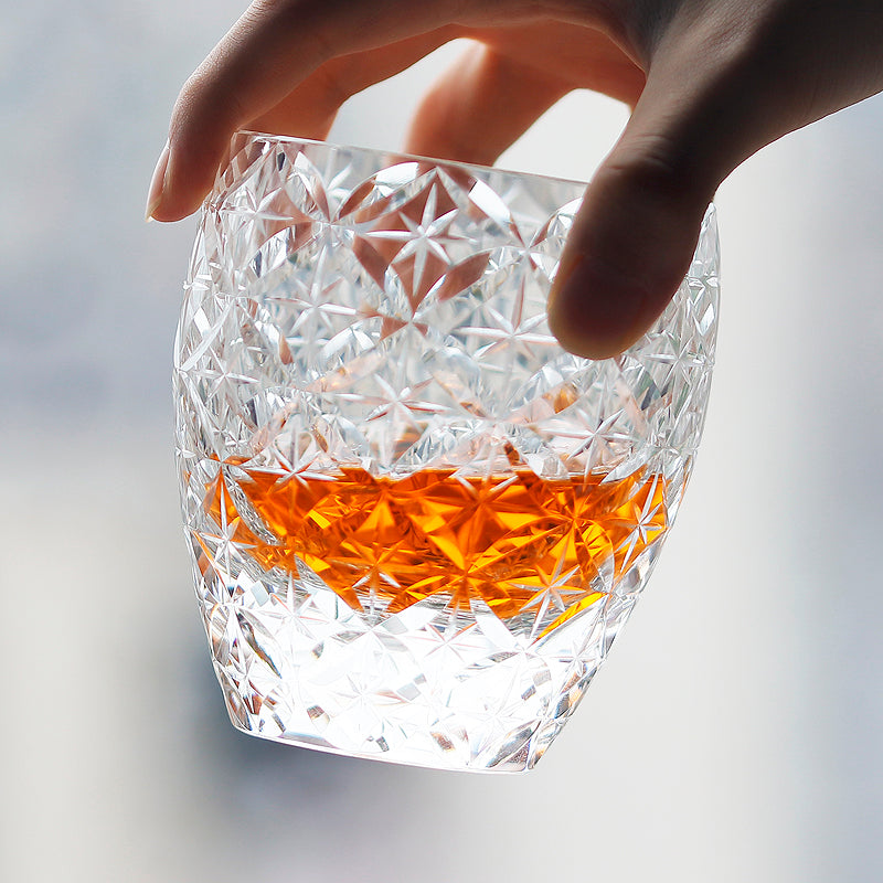 JP-086 250 ml Hand Carved Asterism Whiskey glass Tumbler K9 Crystal Glass Edo Kiriko Star Circle Mesh Cocktail Glass Barrel-like Appreance