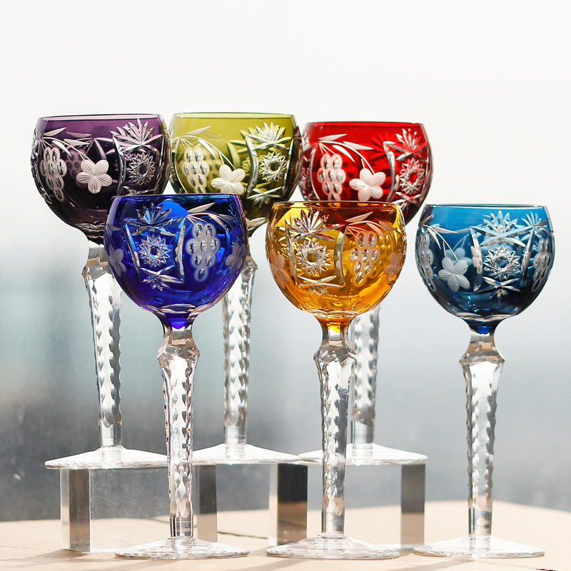 JP-099 240ml Dark Blue Crystal Wine Glass With Hand Cutting Sunflower and Grapes Design