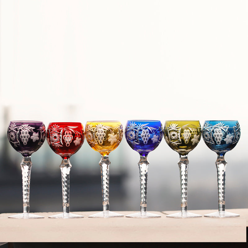 JP-099 Set of 6pcs Multi-colored Water Glass Goblet 240ml With Hand Cutting Grapes Deisgn