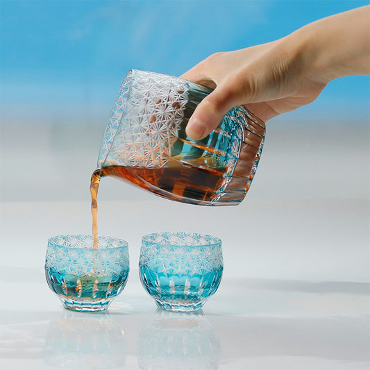 QJ- Sky Blue Edo Kiriko Sake Bareware Set 420ml Sake carafe and 60ml Sake glass cup with hand cut Chrysanthemum Ball pattern