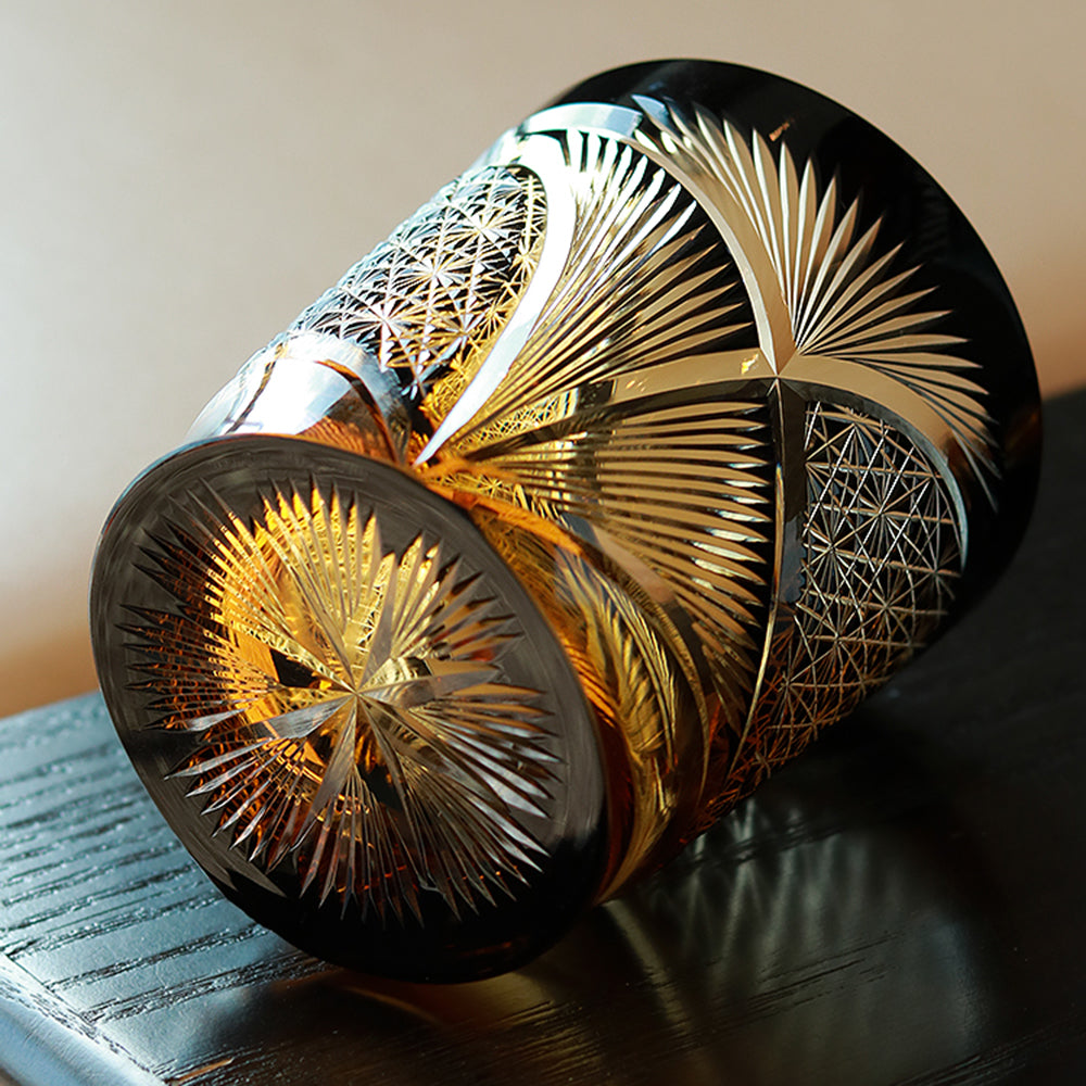 JP-030 250 ml Black and Amber Tinted Glass Whiskey Cup With Hand Cut Classic Chrysanthemum And Fans 2 different Design