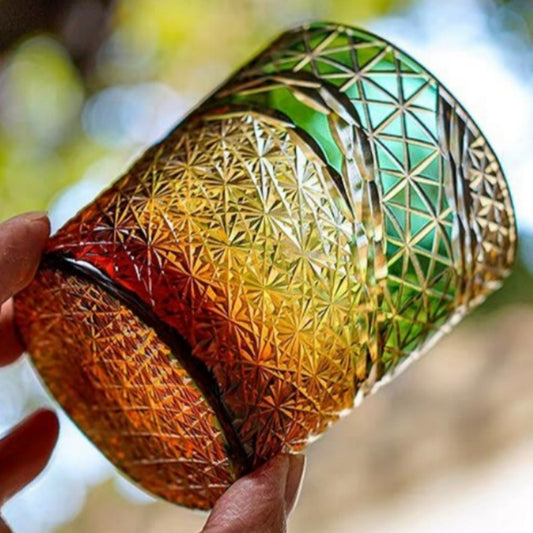 JP-038 250 ml Japanesque Style Green and Amber Color Cased Glass Whiskey Tumblers with Hand Engraved Mountain Chrysanthemum Pattern