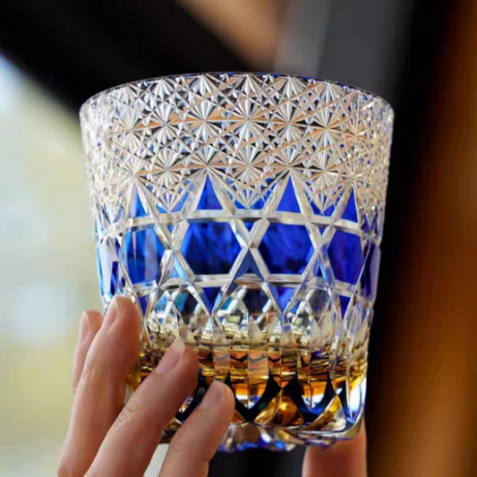JP-107 32 cl Handmade Blue Colored Crystal Glass Whiskey Tumbler Edo Kiriko's Hand Cutting Garlands of hexagons And Chrysanthemum Mesh Edo Kiriko Old Fashioned Glass