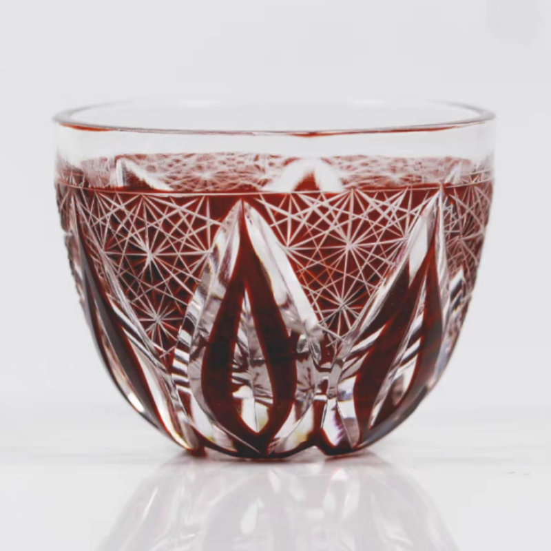 JP-020 45 ML Hand Cut To Clear Colored Glass Shot Glass Sake Cup With Engraved candela phoenix tail feathers pattern