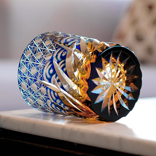 JP-040 8 oz Japanese Style Edo Kiriko Handcrafted Blue Amber Whisky Glass Hand Carved Roaring Waves Design In Gift Box