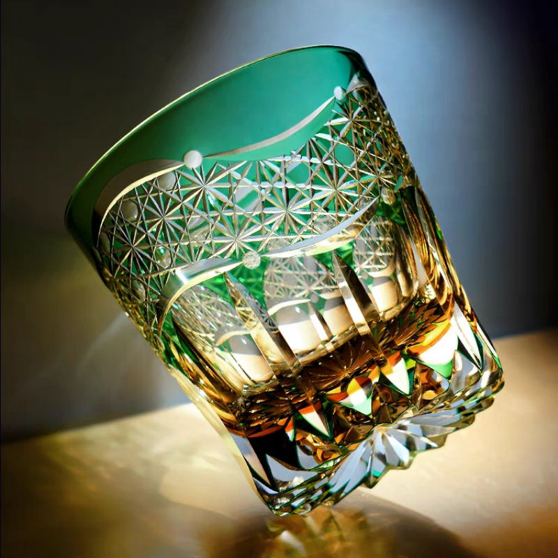 JP-106 32 cl Japanese Style Edo Kiriko Handcrafted Green Prism Whisky Glass With Gift Box