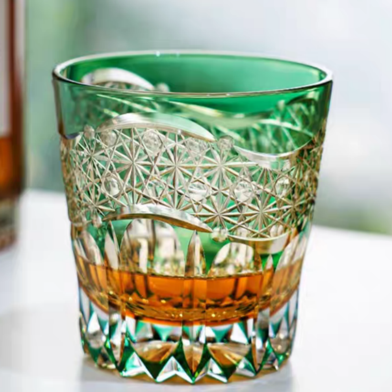 JP-106 32 cl Japanese Style Edo Kiriko Handcrafted Green Prism Whisky Glass With Gift Box