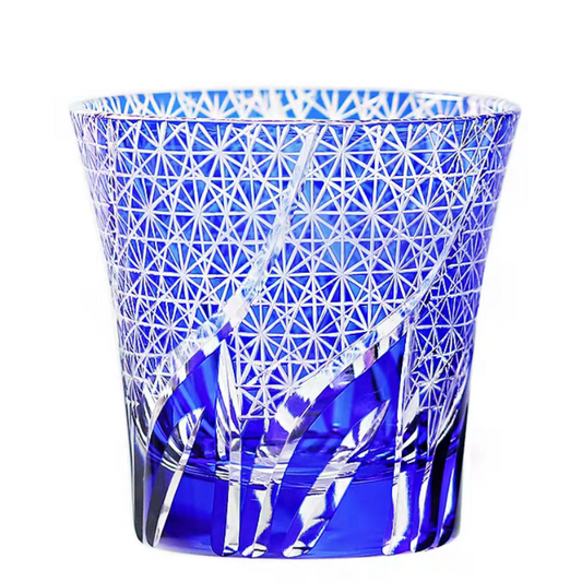 JP-017 220ml Flared Shaped Sea Wave Design Blue Glass Tumblers Edo Kiriko's For Cocktail, Whiskey ,Juice