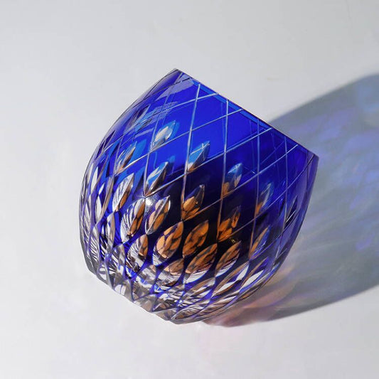 JP-061 330 ml Cobalt Blue Hand Engraved Round Curved Shape Bohemian Crystal Cocktails Tumbler Dark Blue Colored Crystal GlassWhisky Tumbler With Cutting Raindrop design