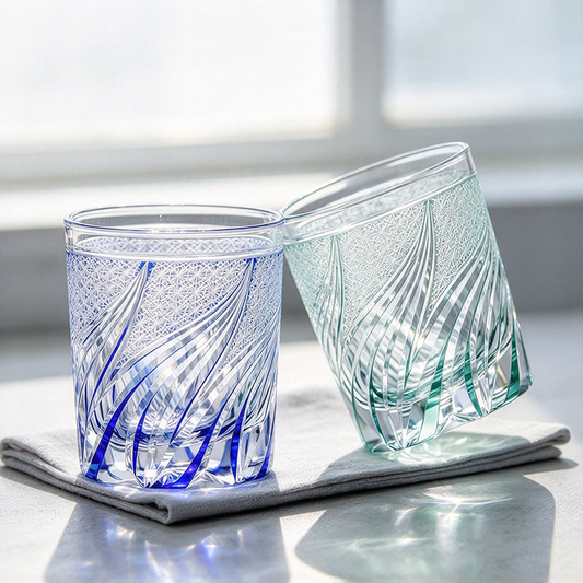 Luxury Edo Kiriko Glass Tumbler Hand Cut To Clear Blue Green 9oz