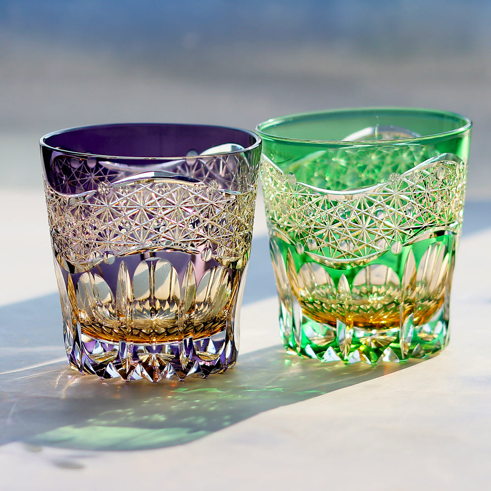 JP-049-L New 32 cl Japanese Style Purple Lead Crystal Glass Whiskey Tumbler Handcrafts Purple Amber Crystal Glass Whiskey Tumbler Edo Kiriko's Chrysanthemum Mesh And Globular Design